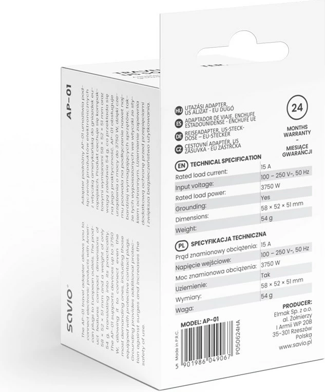 Adapter elektrik SAVIO AP-01, i bardhë