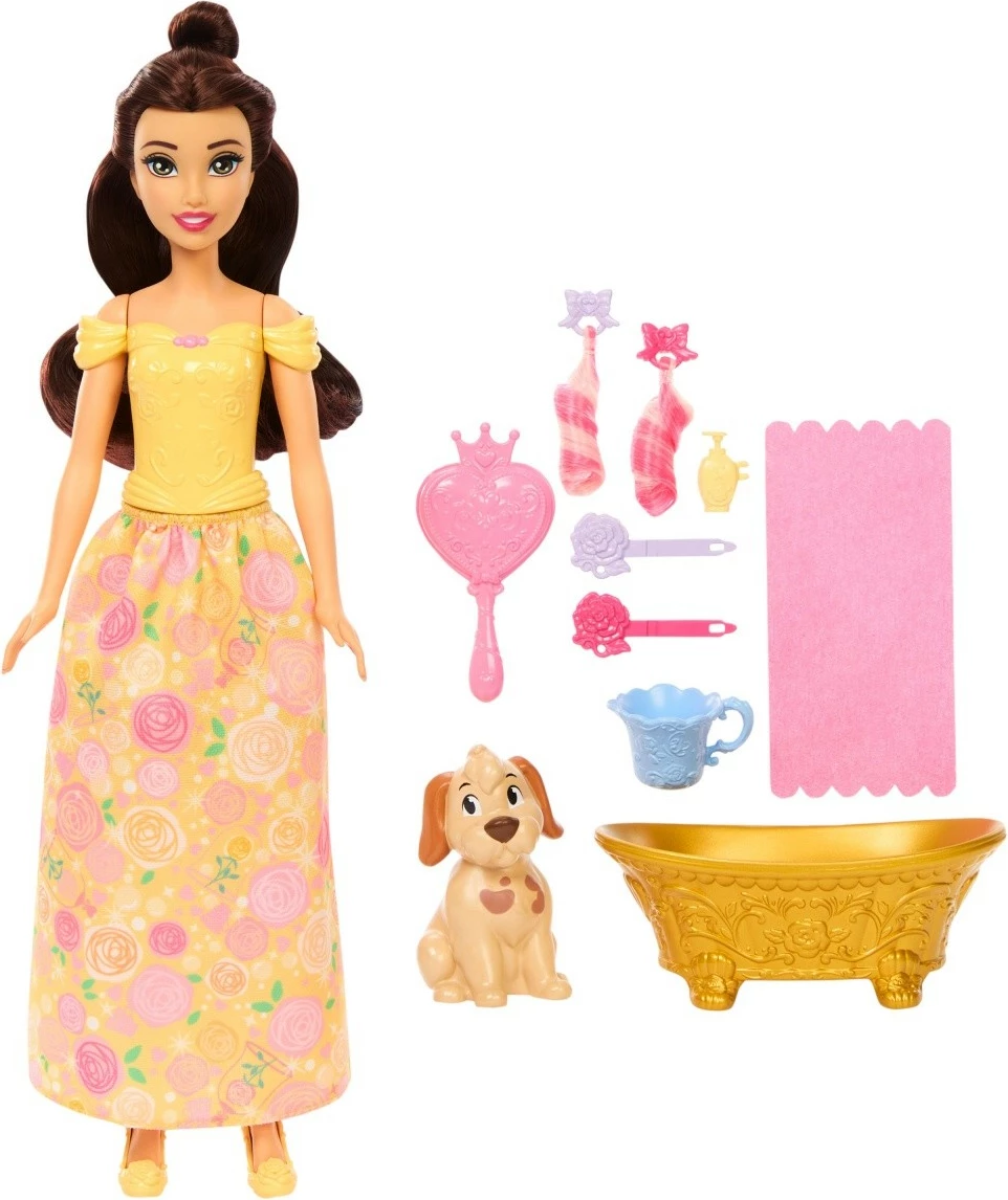 Kukull Disney Princess Belle me qenush dhe aksesorë, Mattel JFC42, Verdhë, set