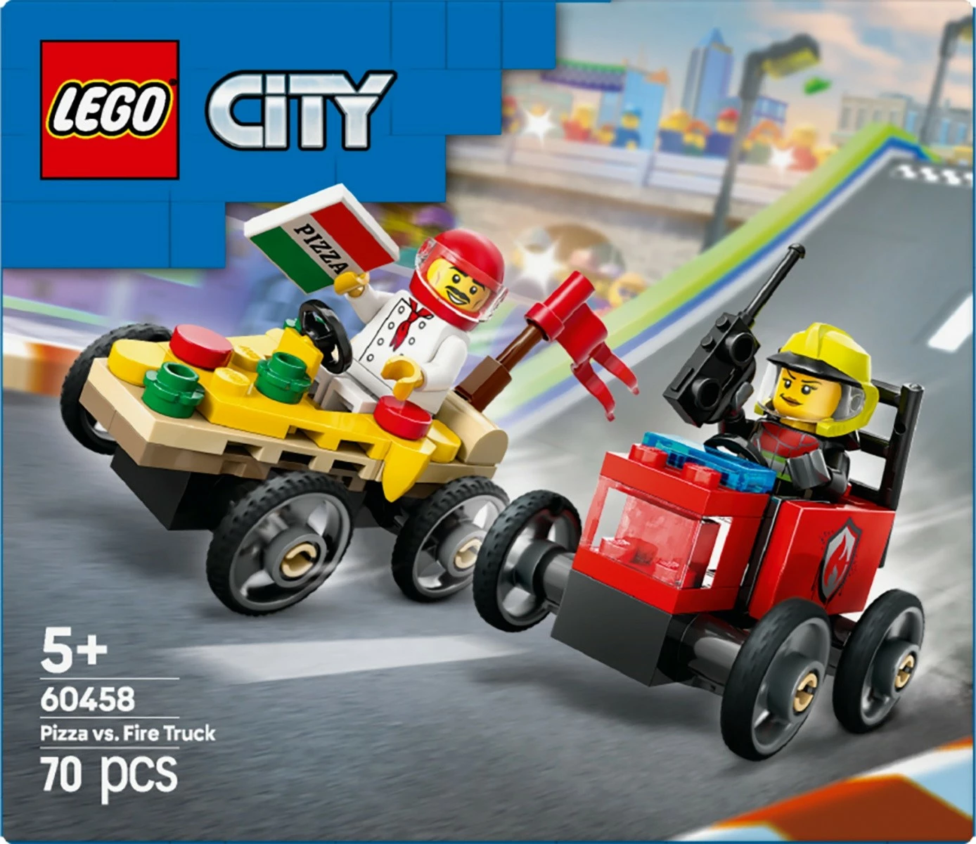 Set lodrash LEGO City Race Car, 60458, 70 pjesë, Pizza vs Fire Truck
