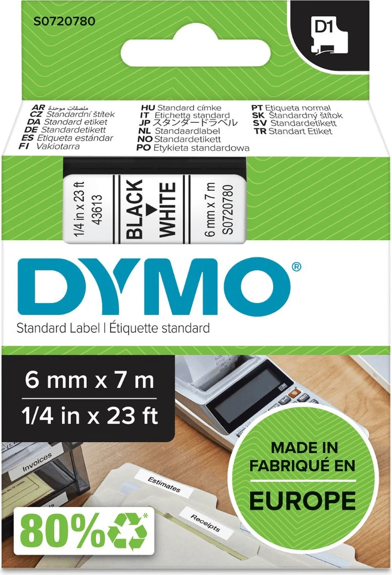 Shirit etiketues, Dymo, D1 43613 / S0720780, 6 mm x 7 m, zi në të bardhë