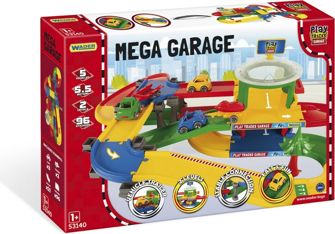 Set garazh lodër Wader Mega Garage Play Tracks, 5.5m pistë, 5 makina, shumëngjyrëshe
