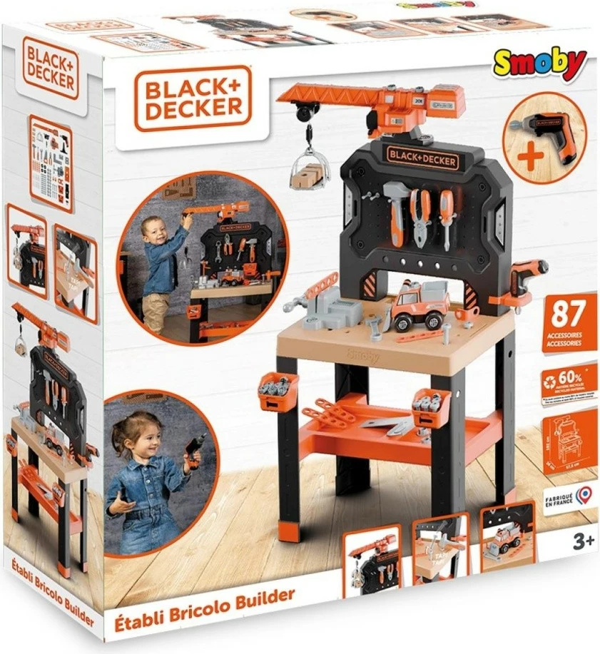 Set lodrash punëtori Smoby Black+Decker Bricolo Builder me vinç, plastikë, shumëngjyrëshe