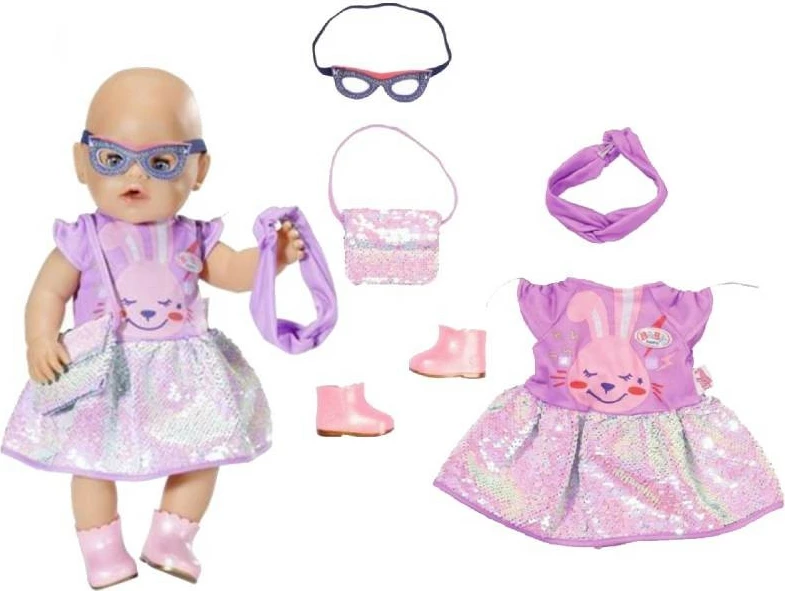 Set veshjesh për kukulla BABY born Zapf, 43cm, fustan me sekuenca, çantë, maskë, shirit dhe çizme, vjollcë