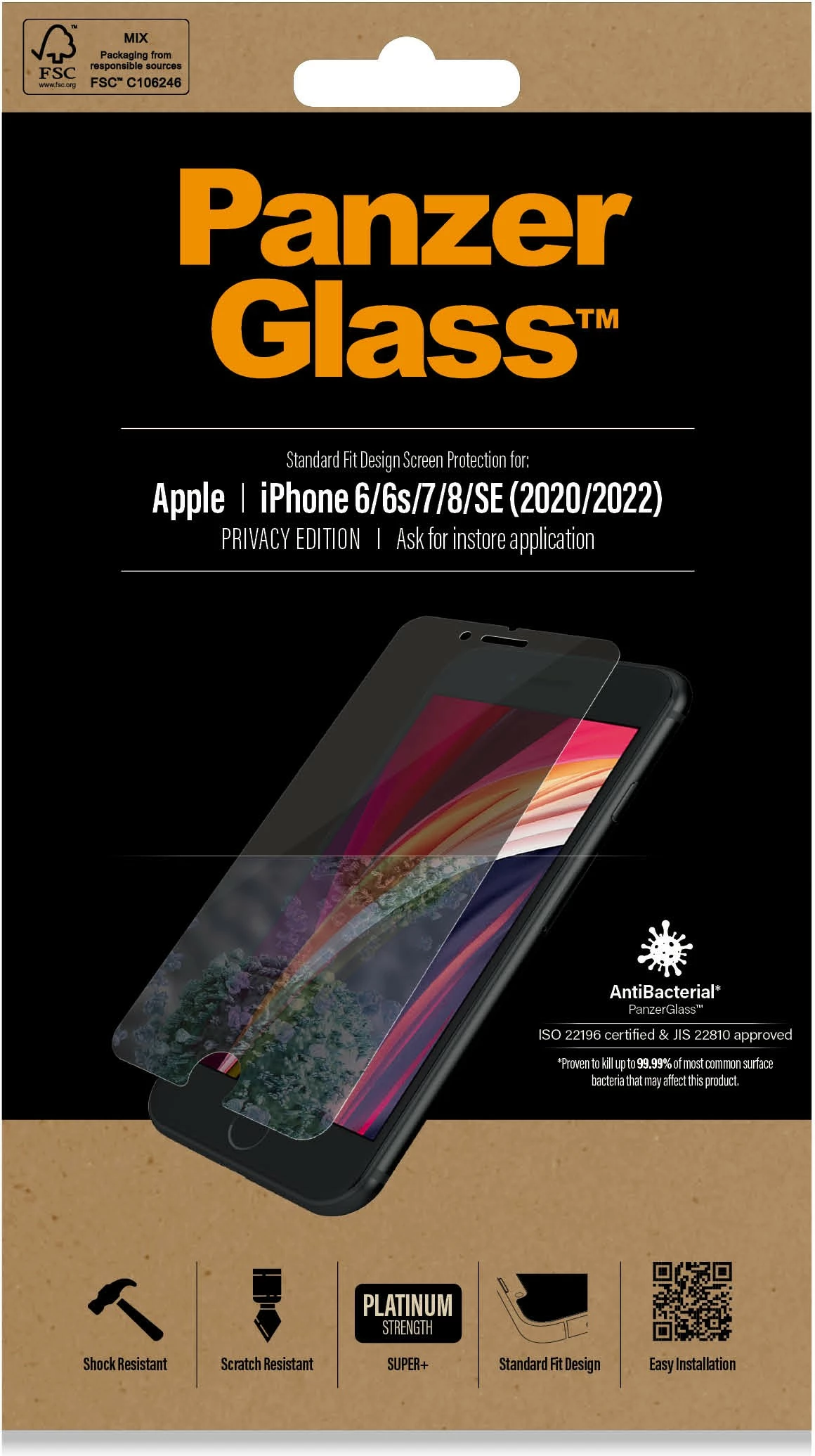 Mbrojtës ekrani PanzerGlass Privacy për iPhone 6/7/8/SE 2020/22, transparent