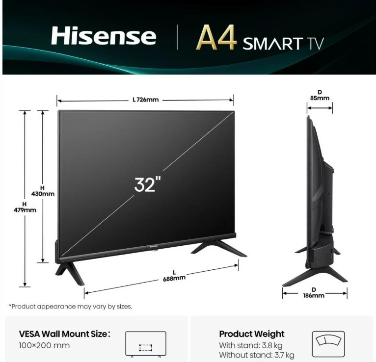Televizor LED Smart Hisense 32A4Q 32" HD Ready HDR10 Wi‑Fi DVB‑T2/S2/C 60 Hz
