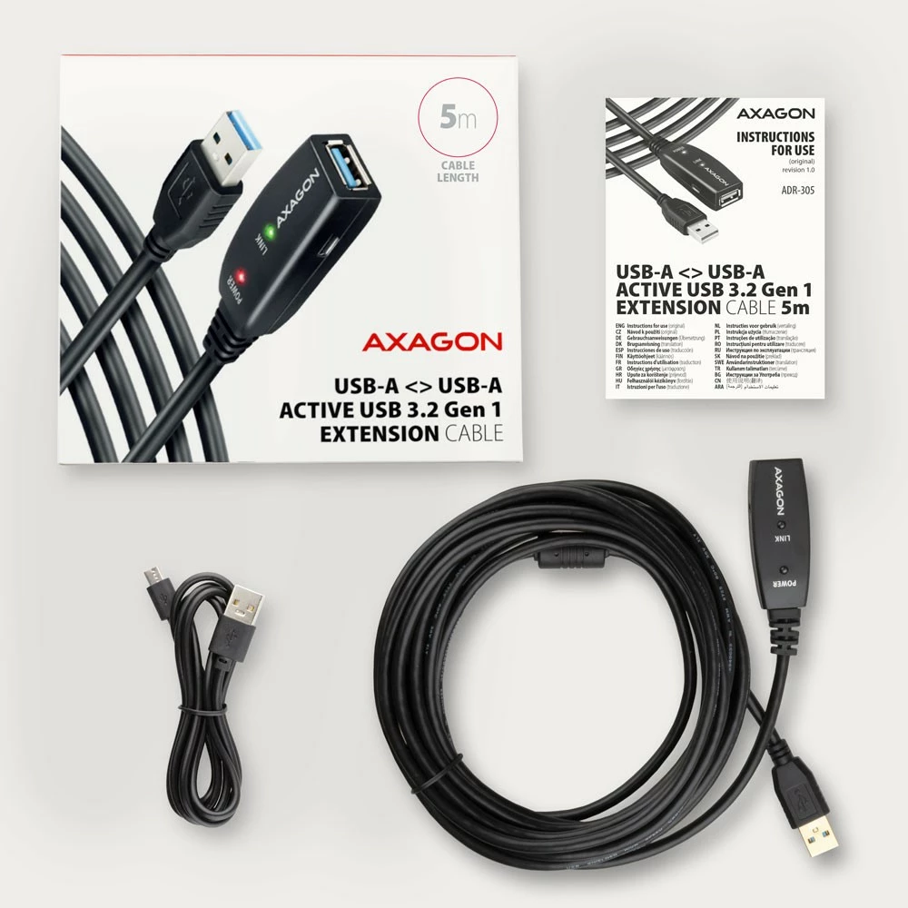 Kabllo zgjatuese aktive USB 3.2 Gen 1 AXAGON ADR-305, 5m, e zezë