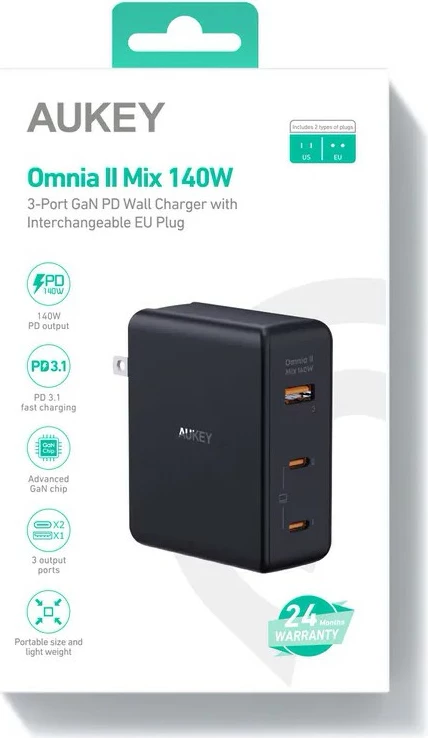 Karikues murit AUKEY PA-B7O Omnia II, 140W, 3xUSB (2xUSB-C + 1xUSB-A), i zi, me adapterë ndërkombëtarë