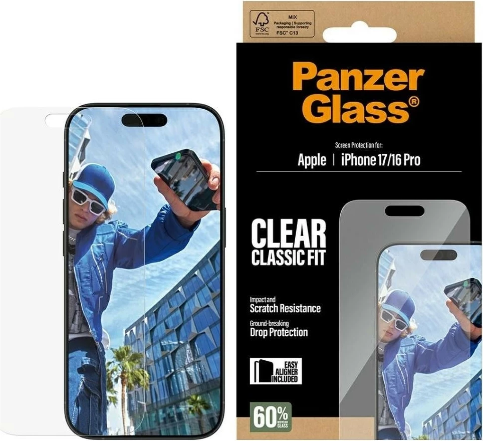 Mbështjellës xhami PanzerGlass Classic Fit EasyAligner për iPhone 16 Pro/17, transparent