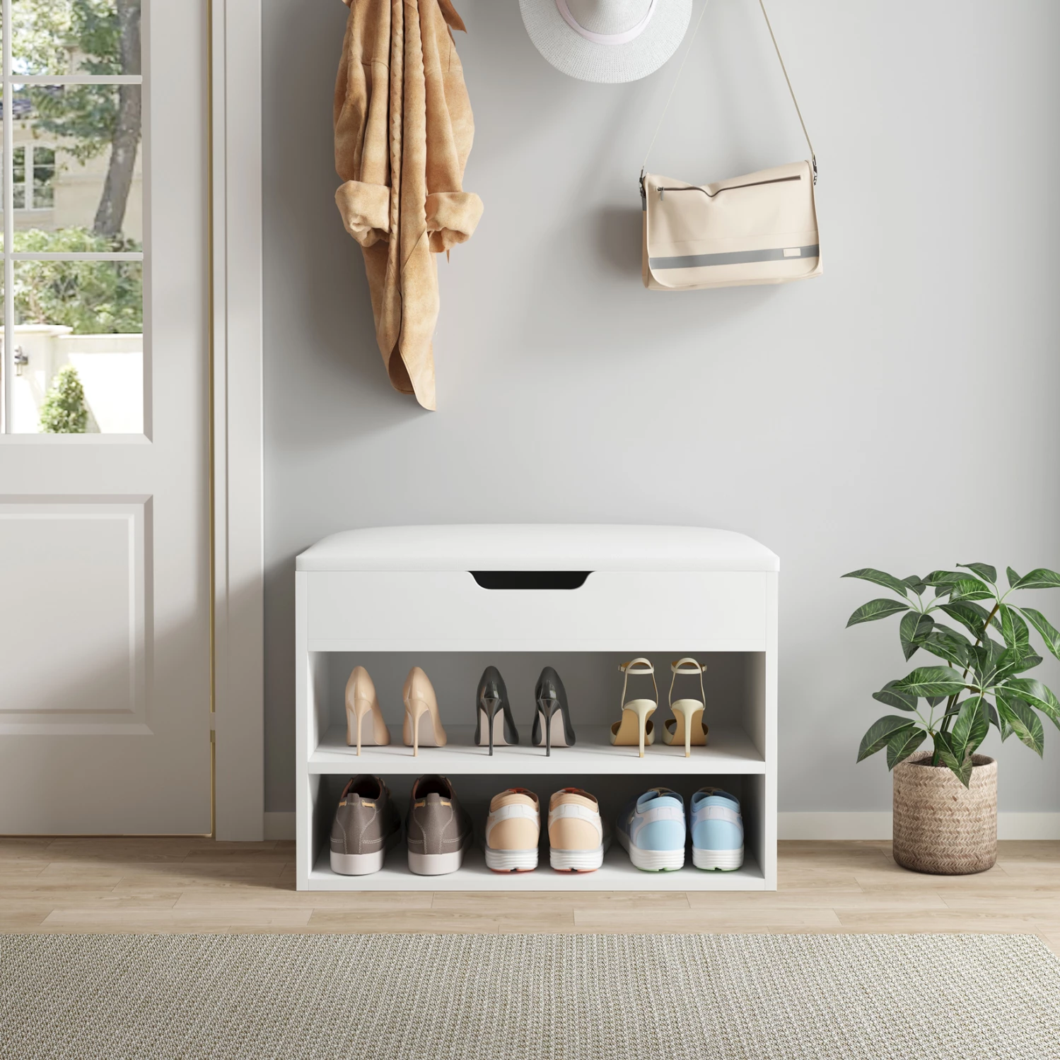 Raft këpucësh me ulëse, ROMIR FH2477.03, melaminë, ngjyrë bardhë-bardhë, 60x30x44H cm