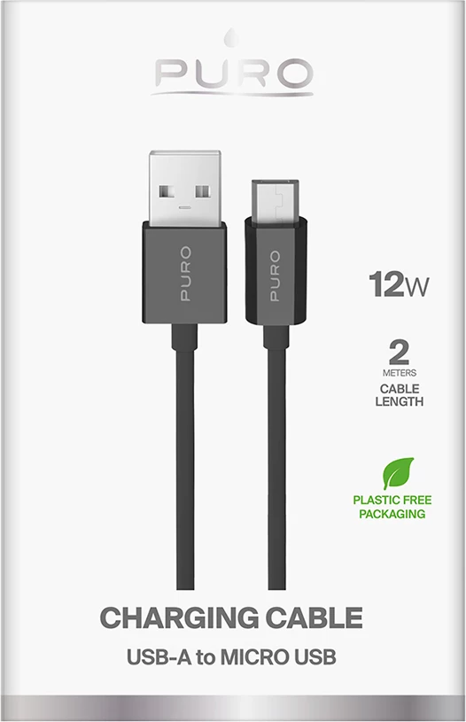 Kabllo Puro USB-A në microUSB, 2m, 12W, e zezë