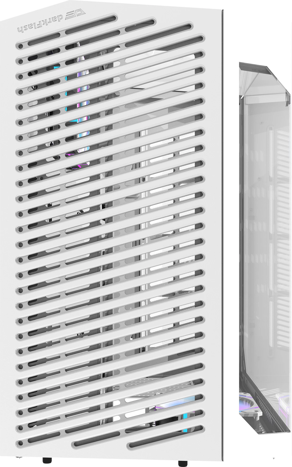 Kasë Darkflash DY470 me 4 ventilatorë ARGB dhe mbajtëse GPU, e bardhë