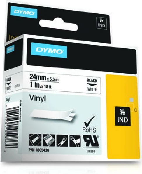 Shirit etiketimi Dymo Rhino 1805430 vinil 24 mm, i zi mbi të bardhë