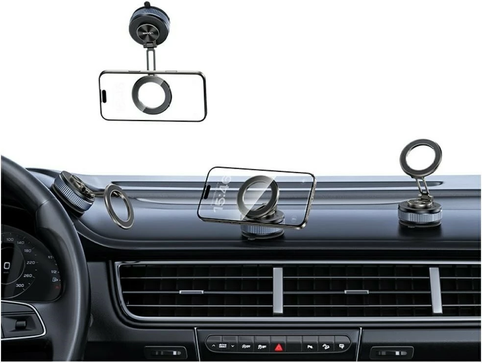 Mbajtës magnetik për makinë, USAMS ZJ084, montim në grilë ajrimi, rrotullim 360°, për celularë 4–7", me 2 pllaka metalike, zi