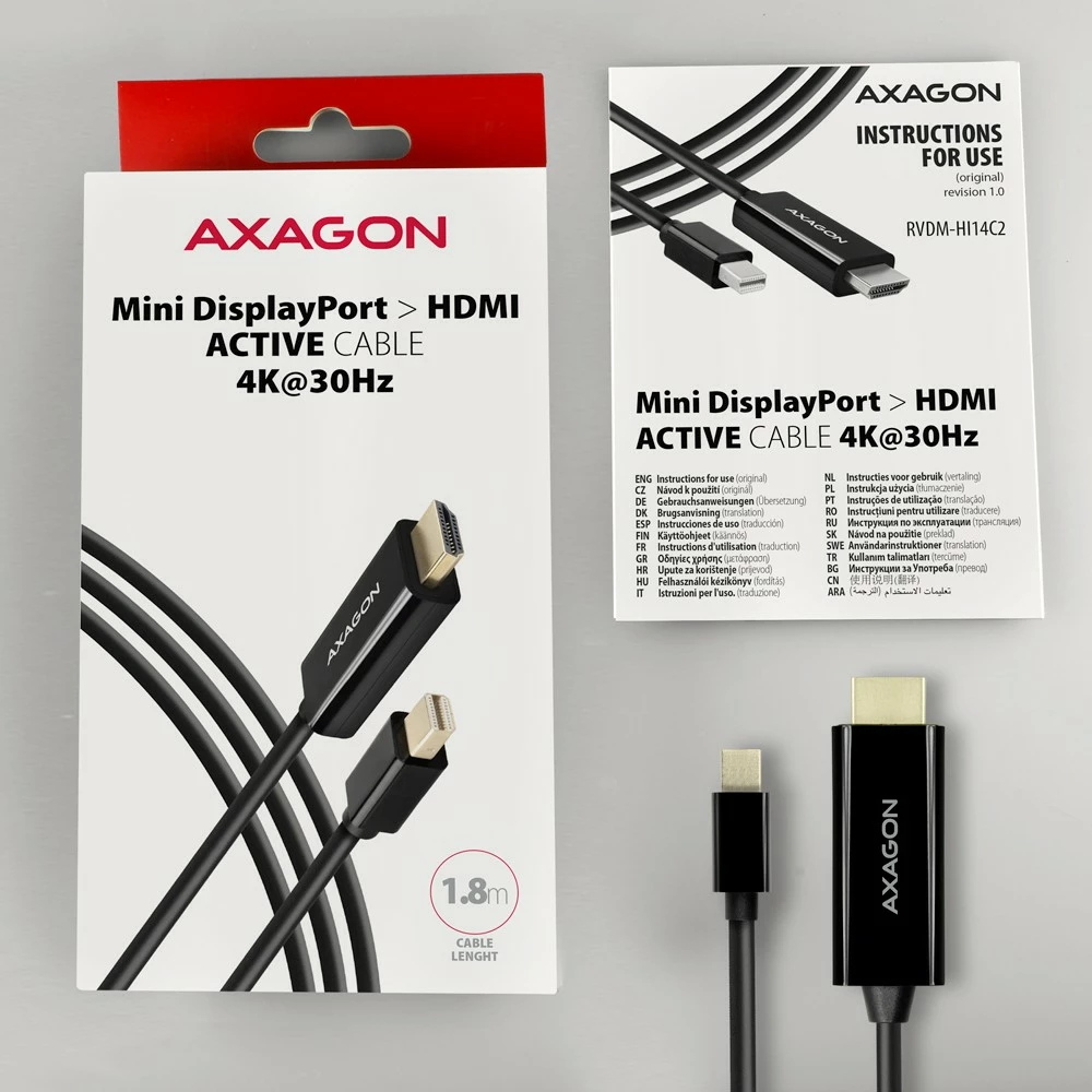Kabllo/adapter aktiv AXAGON RVDM-HI14C2 Mini DisplayPort në HDMI, 1.8m, e zezë