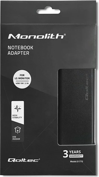 Adapter energjie për monitor Qoltec 51775, 40W, 19V, 2.1A, për LG, i zi, me kabllo
