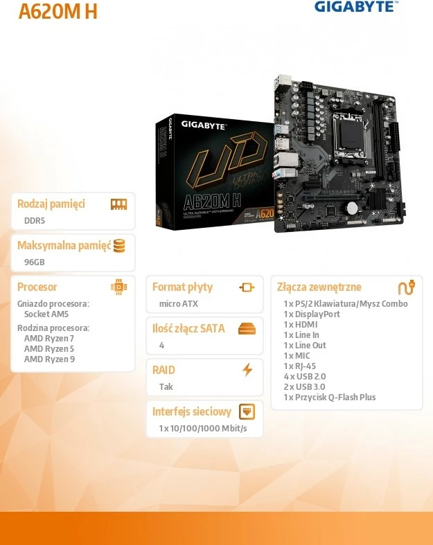 Pllakë amë Gigabyte A620M H, Socket AM5, micro ATX, 2x DDR5, HDMI/DP, M.2, e zezë