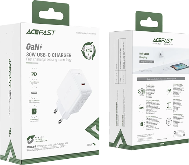 Karikues muri Acefast A21, USB-C, 30W, GaN, i bardhë