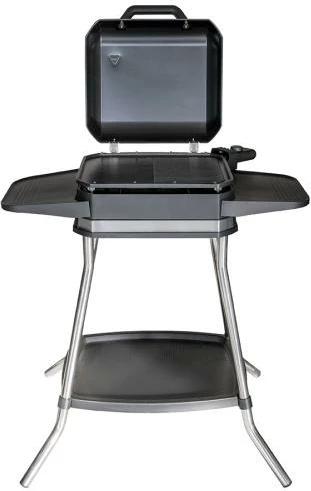 Grill elektrik 2‑në‑1 me këmbë dhe tavoline, Unold Jimmi 58585, deri 300°C, pllakë jo‑ngjitëse me faqe të lëmuara dhe të brinjëzuara, i zi