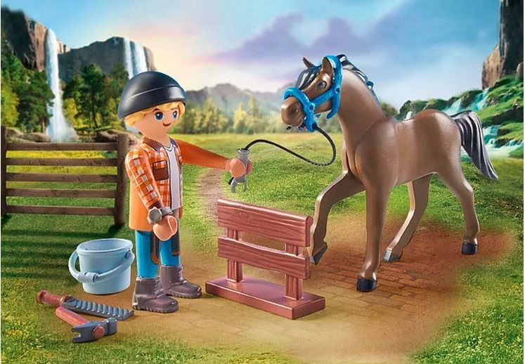 Set lodrash Playmobil Horses of Waterfall 71357 me farkëtar Ben dhe kalin Achilles