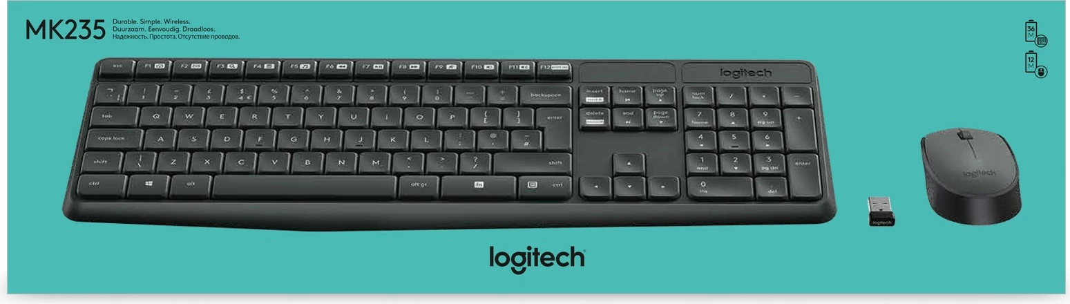Komplet tastierë dhe maus Logitech MK235, Full-size (100%), Wireless, USB, QWERTZ, Gri, Maus përfshirë