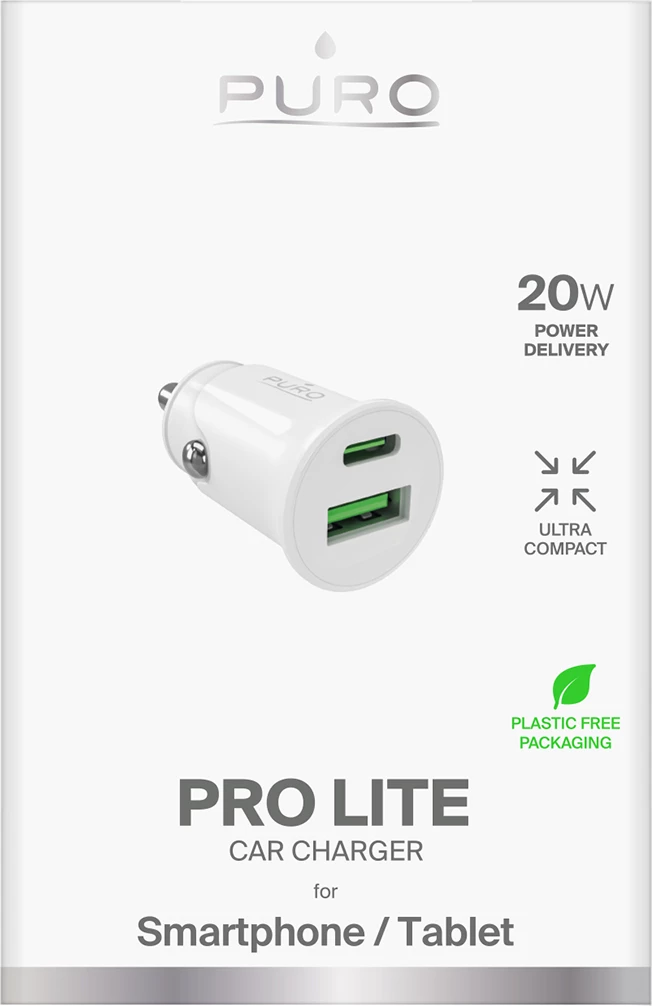 Karikues veture Puro Pro Lite, 2 porta (USB-A + USB-C), 20W, Bardhë
