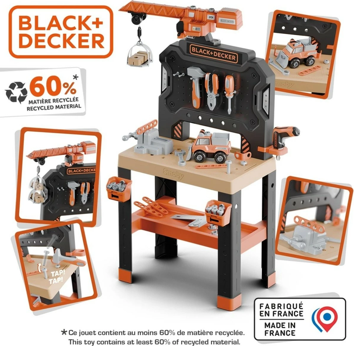 Set lodrash punëtori Smoby Black+Decker Bricolo Builder me vinç, plastikë, shumëngjyrëshe
