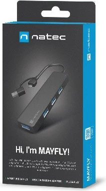 Hub USB Natec Mayfly NHU-2023, 4 porta USB-A, me adapter USB-A në USB-C, e zezë