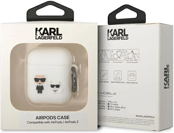 Mbështjellës Karl Lagerfeld për AirPods 1/2, silikon, i bardhë, me unazë