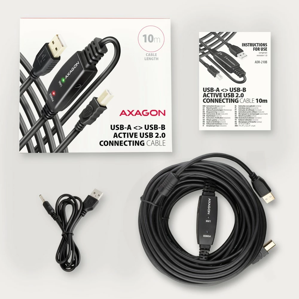 Kabllo aktive AXAGON ADR-210B, USB 2.0 A-M në B-M, 10m, e zezë
