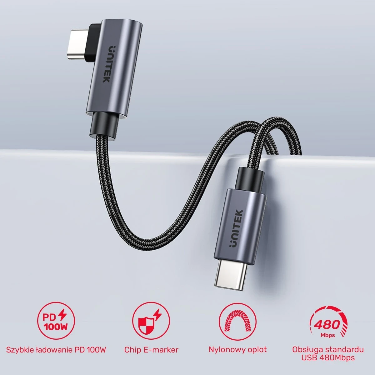 Kabull Unitek USB-C këndor 90° PD100W 3m, ngjyrë zi-hiri