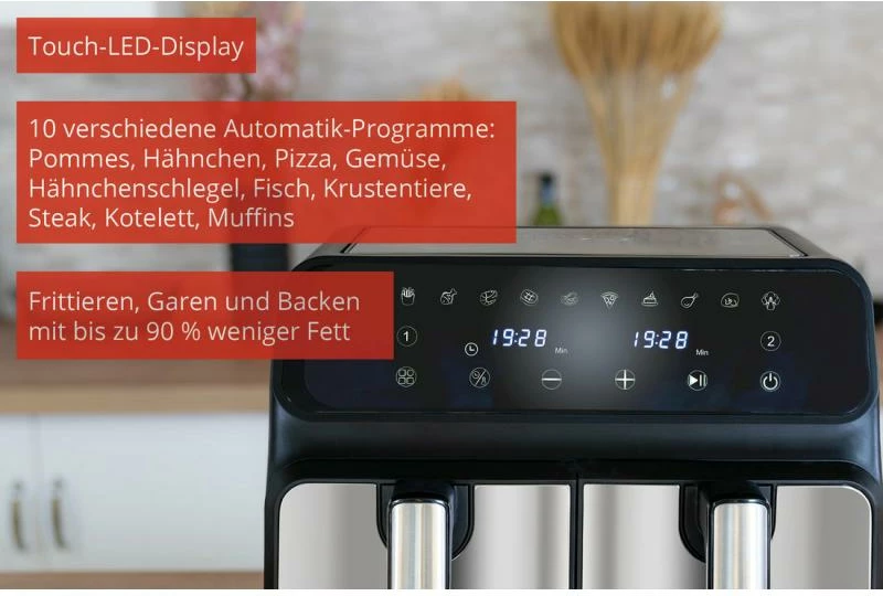 fritezë me ajër e nxehtë, Unold, Twin Zone 58685, 8 L (2x4 L), 1700 W, e zezë/argjendtë