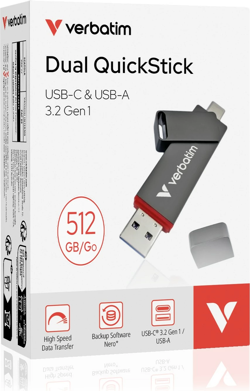 USB Verbatim Dual QuickStick, 512 GB, USB Type-A / USB Type-C, Gri