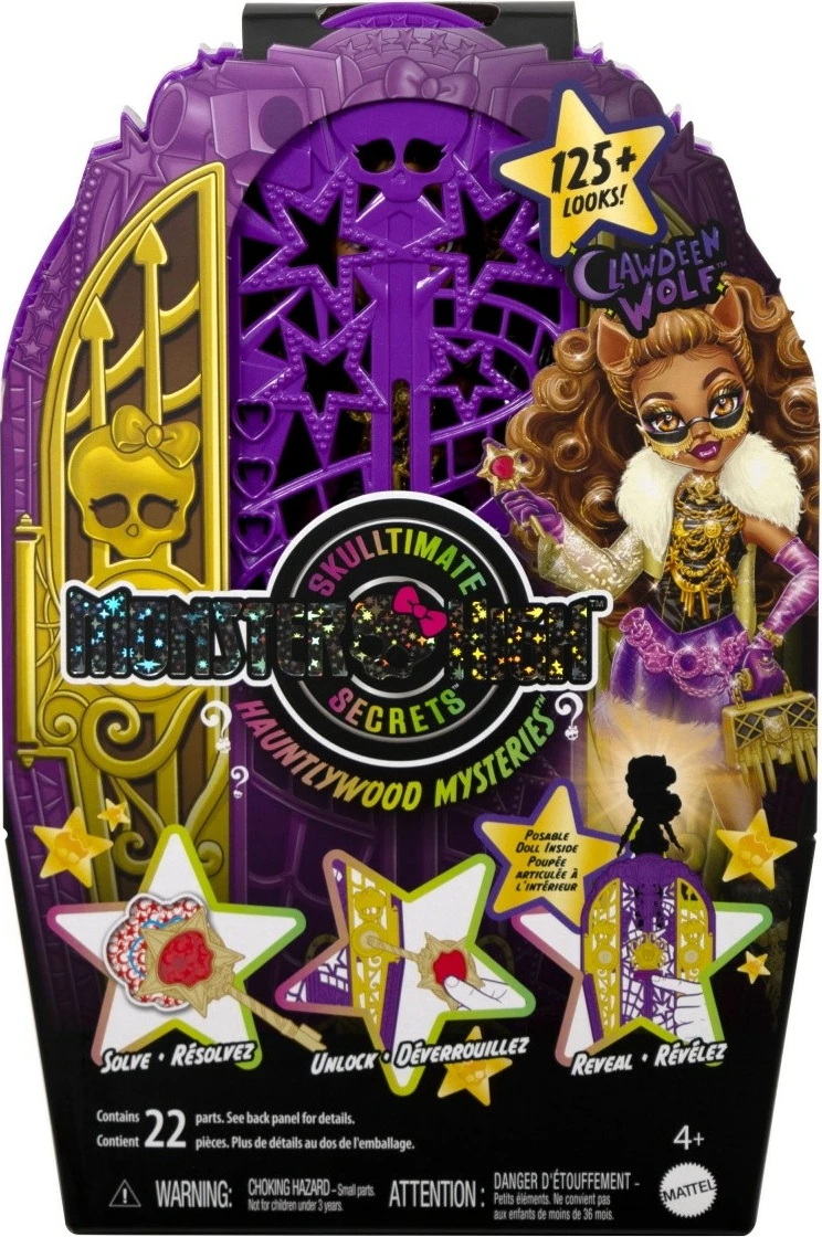 Set lodër Monster High Mattel Clawdeen Wolf Secret Secrets me dollap dhe aksesorë, vjollcë/artë