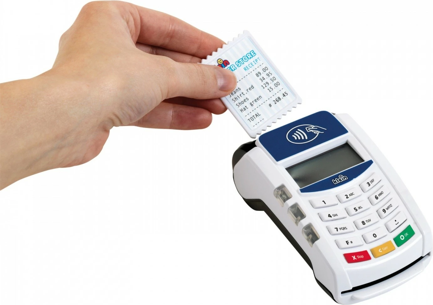 Terminal pagese lodër Klein 7266, plastikë, i bardhë, me kartë krediti dhe fatura lodër