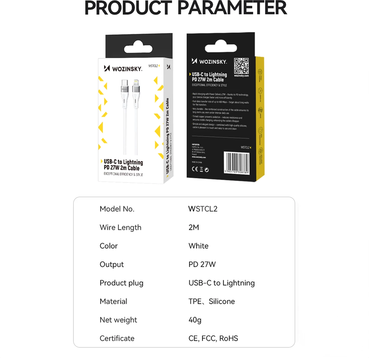 Kabllo Wozinsky WSTCL2, Lightning/USB-C, 2m, 27W, e bardhë