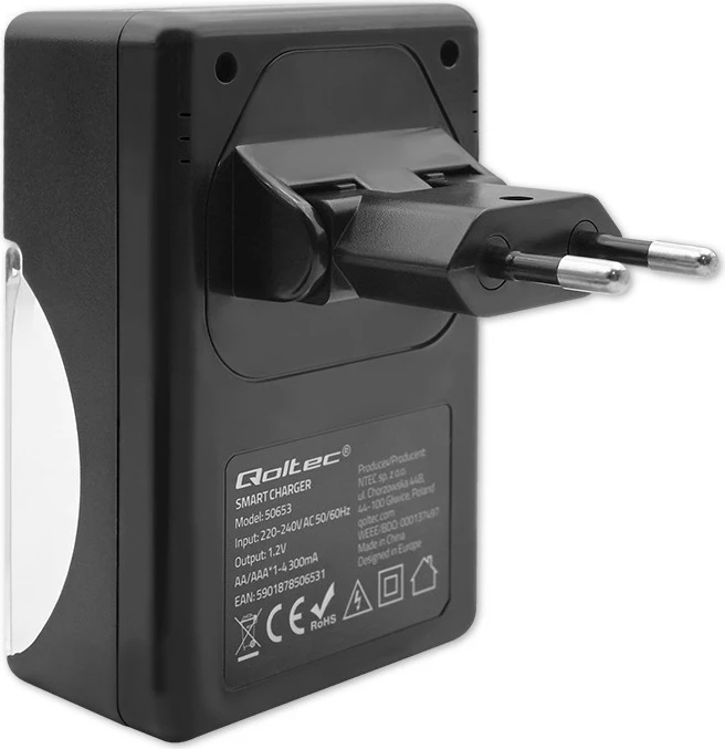 Karikues baterish Qoltec 50653, Ni-MH/Ni-Cd, AA/AAA, 300mA, i zi