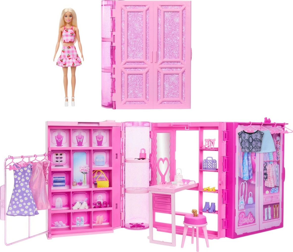 Set lodrash Barbie Dream Closet 3.0 me kukull, rroba dhe aksesorë, rozë