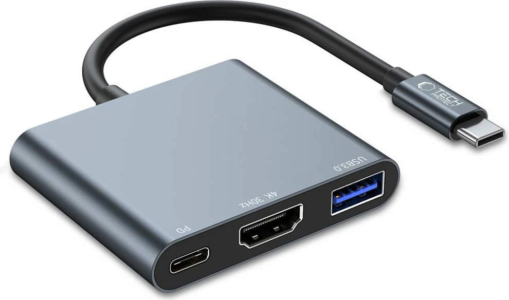 Hub USB-C 3-në-1 Tech-Protect V1 me USB-A 3.0, HDMI 4K 30Hz, PD 100W, gri
