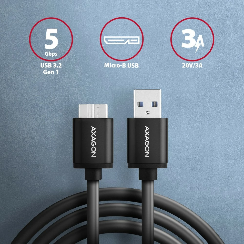 Kabllo AXAGON BUMM3-AM10AB, Micro-B USB në USB-A, 1m, 3A, e zezë