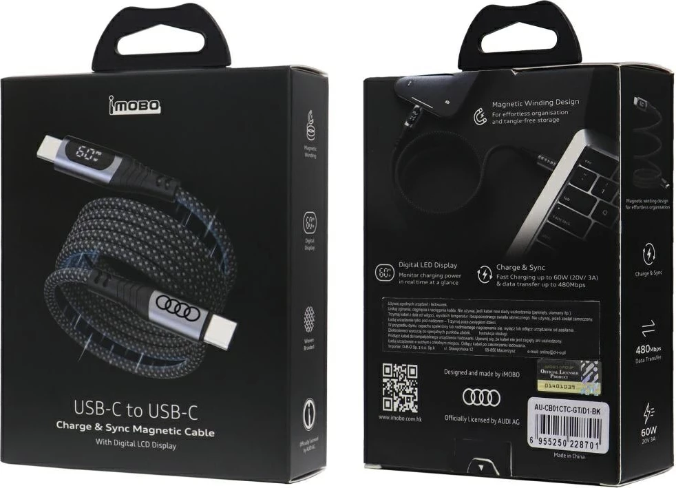 Kabllo USB-C/USB-C Audi 2.0, 1.2m, 60W, Ekran LCD, e zezë