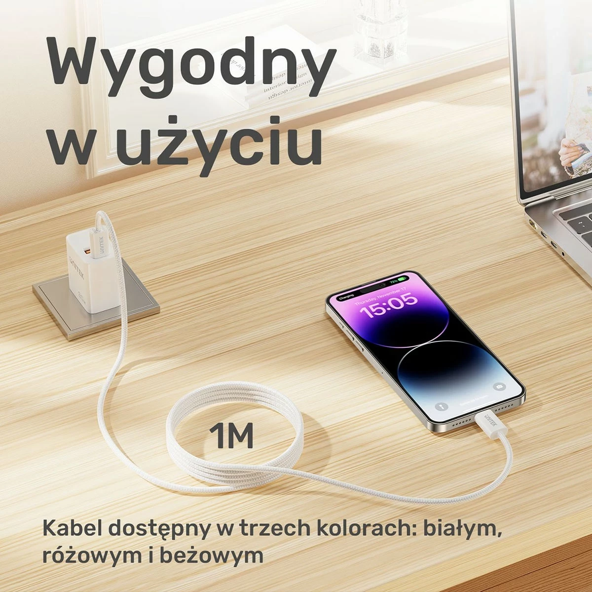 Kabëll Unitek USB-C PD 100W 1m, bezhë