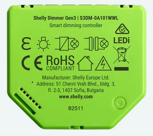 Dimmer Shelly Dimmer Gen3, wireless, kontroll me aplikacion, për LED, zi/lime
