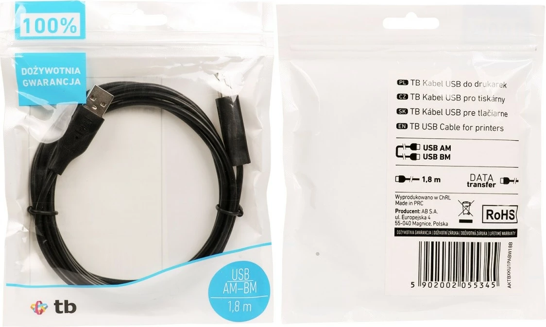 Kabllo USB TB AM-BM 1.8m, e zezë