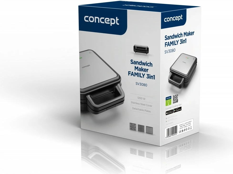 Tostierë 3-në-1 Concept SV3080, 1200W, pllaka të ndërrueshme, e zezë/inox