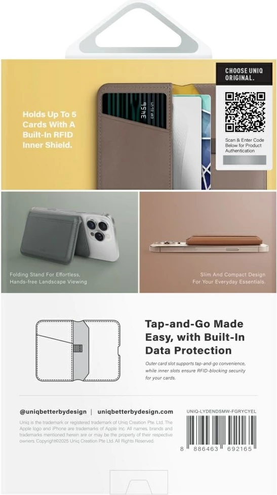 Portofol magnetik për telefon UNIQ Lyden DS me RFID dhe mbajtës, Gri