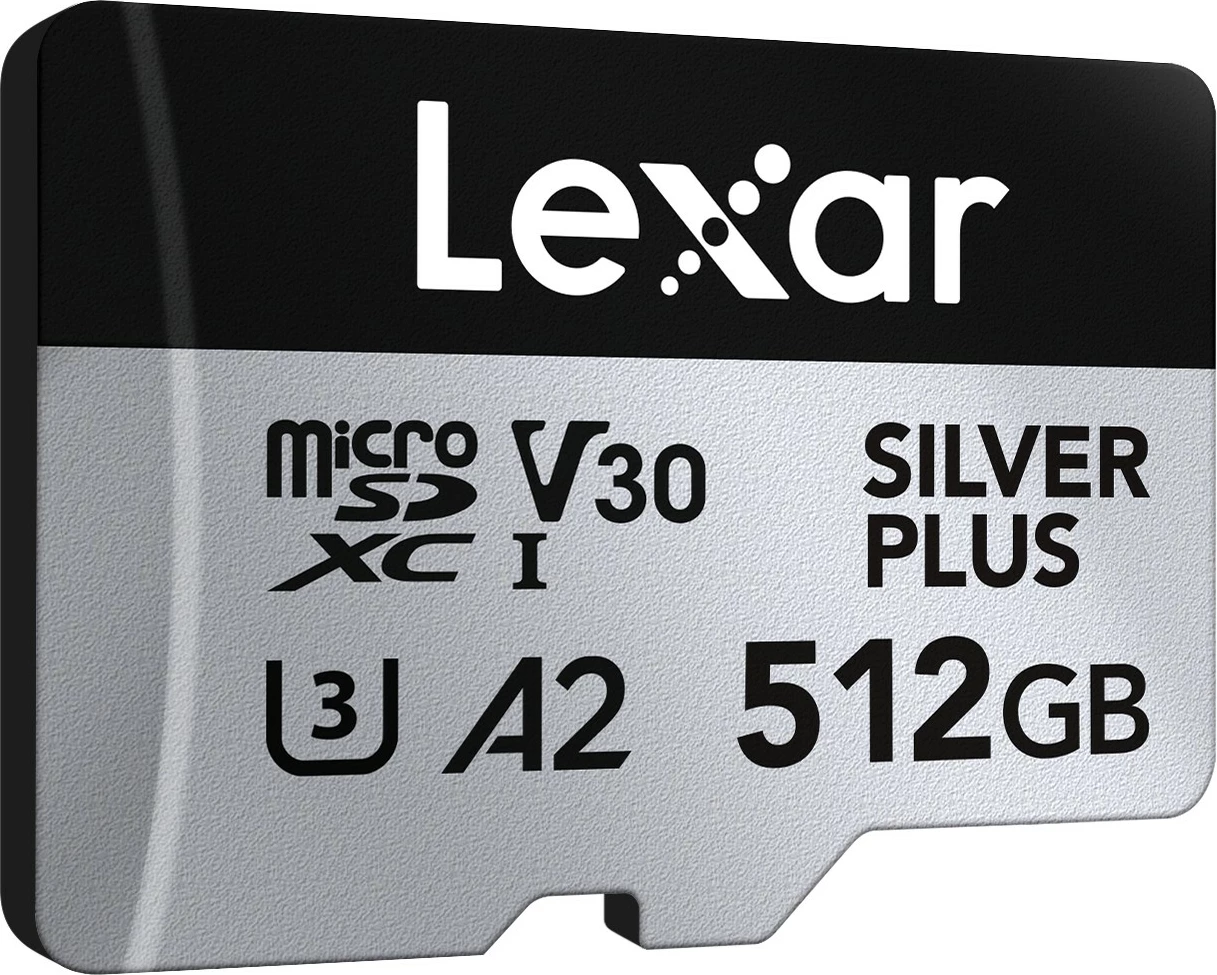 Kartë memorjeje microSD Lexar LMSSIPL512G-BNANG 512GB C10 A2 U3 V30 205/150MB/s Silver Plus, argjendtë, me adapter SD