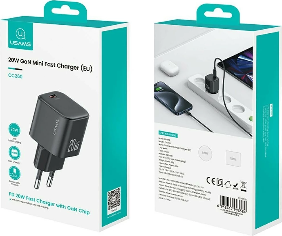 Karikues muri USAMS JO Series CC260, 20W, USB-C + kabllo USB-C/USB-C 1m, Bardhë