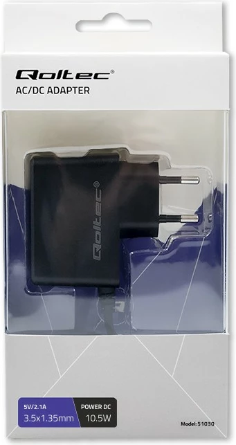 Adapter energjie Qoltec 51030, 10.5W, 5V, 2.1A, prizë 3.5x1.35 mm, i zi