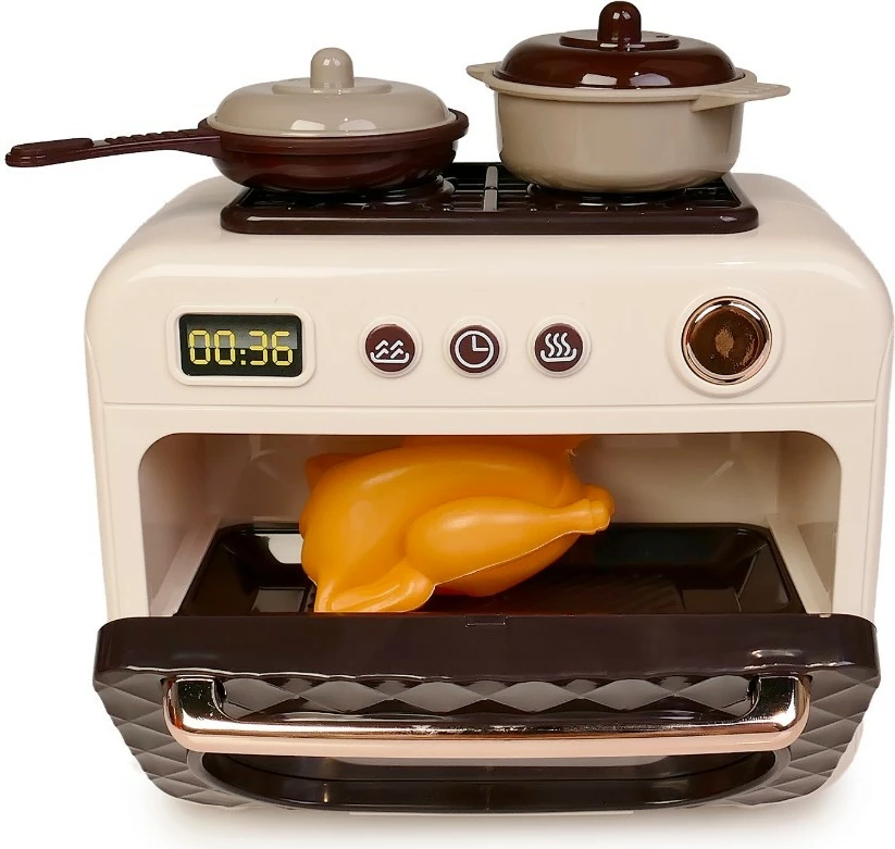 Sobë/furrë lodër me dritë, Artyk, 180507, me melodi, 12 cm, punon me 2x AA (pa bateri), set tigan + tenxhere + gjeldeti, bezhë/kafe/krem