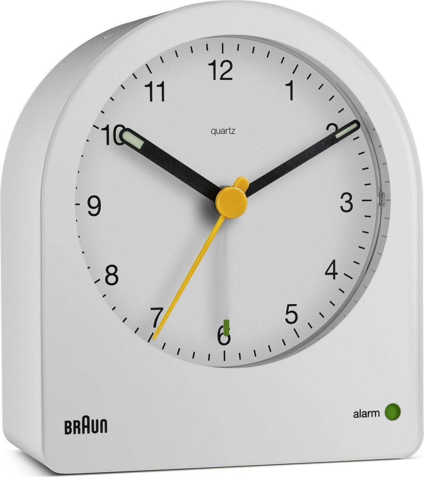Orë alarmi Braun BC22, quartz, 12h, buzzer, bardhë/verdhe